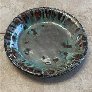 Handcrafted Ceramic pie Plate with Turquoise and Brown Glaze